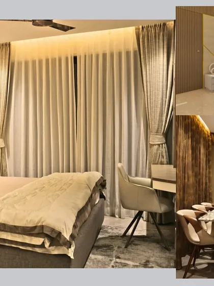 A collage showing the final look of a bedroom and dining area in the Swami residence. The design maintains a consistent theme of modern luxury with warm tones and high-quality finishes throughout the apartment.