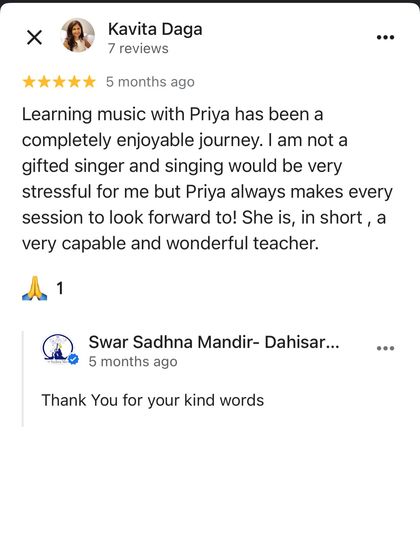 This review from an adult student who was initially stressed about singing is very special. We are so happy we could make her journey enjoyable and something to look forward to.