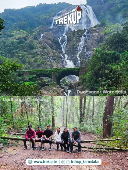 A collage showing the magnificent Dudhsagar waterfalls and our group relaxing on the trail. This trip combines epic sights with a great community vibe.
