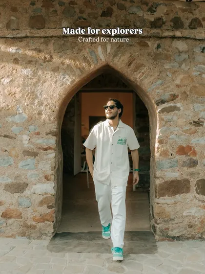 This is from a campaign for Royal Enfield's apparel line. The goal was to create a lifestyle product shot that feels natural, positioning the clothing for explorers and adventurers within a rustic, architectural setting.