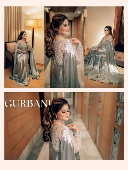Another beautiful collage of Gurbani's solo portraits, highlighting her glamorous look and the flowing silhouette of her gown.