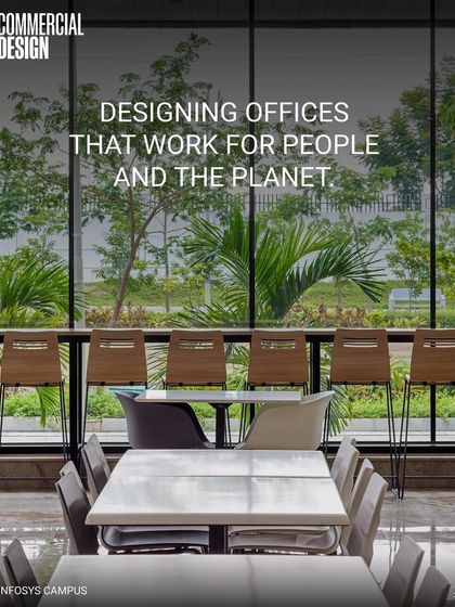 A core part of my philosophy is designing offices that work for people. This cafeteria space at the Infosys campus features floor-to-ceiling windows that connect employees to the lush green landscape outside, providing a refreshing break from the workday.