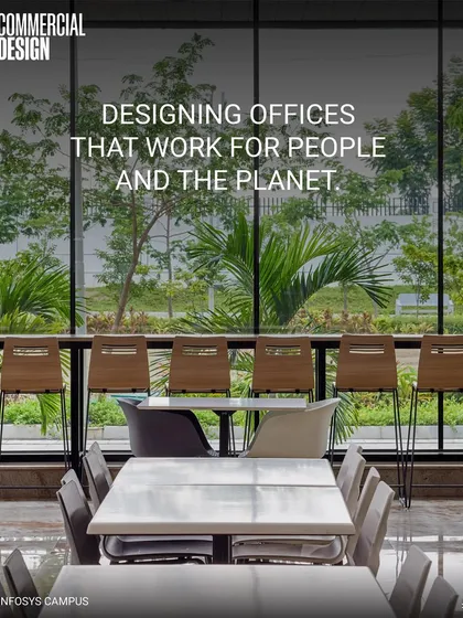Our design philosophy extends indoors, where we ensure a constant connection to the landscape. This cafeteria space at the Infosys Campus offers expansive views of the lush green outdoors, creating a refreshing and restorative environment for employees.