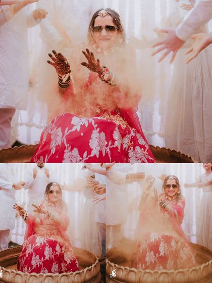 A dynamic collage showing the bride amidst clouds of colored powder, capturing the fun and messy joy of the Haldi.