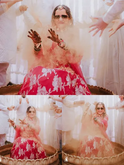 A dynamic collage showing the bride amidst clouds of colored powder, capturing the fun and messy joy of the Haldi.