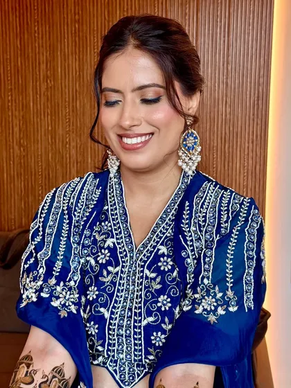 Soft glam for a Mehendi ceremony. I kept the look dewy and fresh with flushed cheeks to let her intricate henna and beautiful blue outfit shine.