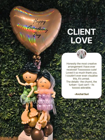 This custom Anand Karaj balloon bouquet, featuring an adorable bride and groom, is one of my favorite client requests. The review says it all: "the details... it's unreal... toooo adorable."