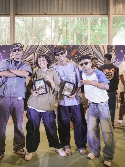 The Hip-Hop battle winner and runner-up with the judges, a moment of respect and recognition for their incredible skill.