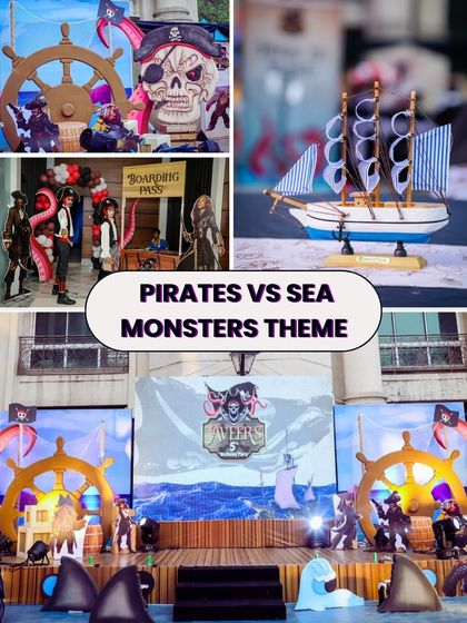An adventurous Pirates vs. Sea Monsters theme. This collage displays the detailed stage setup with a ship's wheel, a treasure chest, and props like a skull and a model ship.