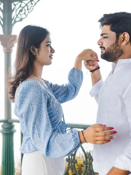 A gentle, chivalrous moment captured during the Rishikesh pre-wedding shoot. These small gestures of love and care are what make a photo session feel authentic and personal.