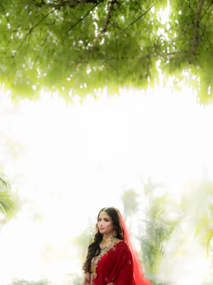 A bridal portrait taken against bright, diffused light, creating a soft and ethereal glow around her.