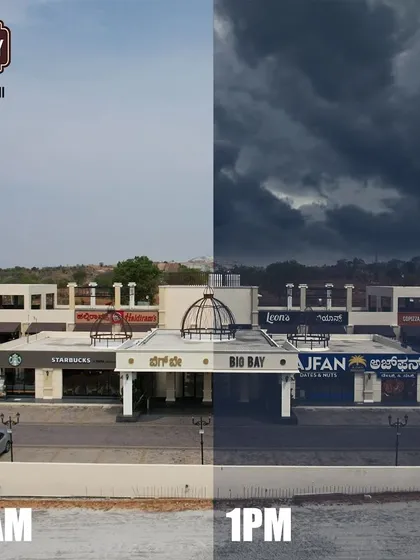 A clever split-screen image showing the drastic change in Bangalore's weather from 10 AM to 1 PM, humorously suggesting our place as a climate you can enjoy.