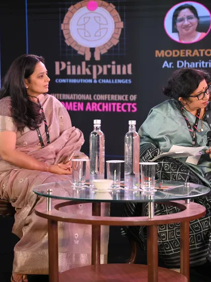 In conversation during a panel at the "Pinkprint" conference. These discussions are an opportunity to share stories, learn from the struggles of others, and build a stronger community of women in architecture.