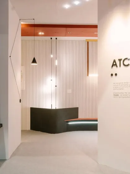 The entrance to our ACETECH booth, where our mission statement is proudly displayed. We believe good design is fundamental to well-being, and we are passionate about creating user-centric lighting solutions.