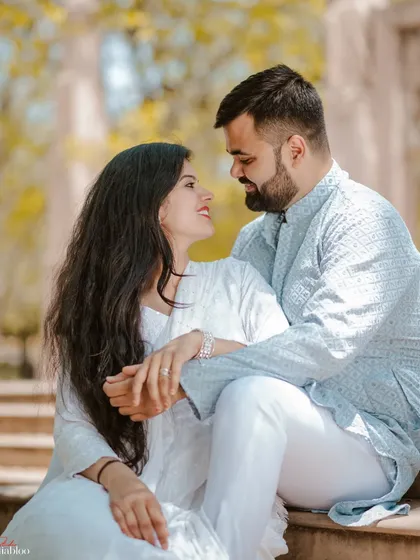 A sweet, candid moment between Harsh and Radhika during their pre-wedding shoot. We encourage couples to interact naturally, which allows us to capture the genuine affection in their relationship.