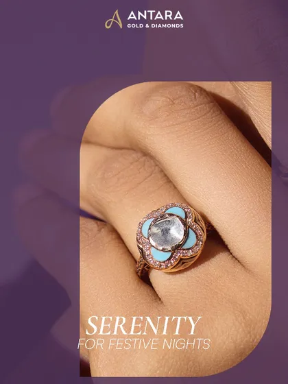 This handcrafted ring in 14kt hallmarked gold balances opulence with refinement. It features a central uncut diamond surrounded by an enamel-kissed halo, making it a perfect statement for festive nights.