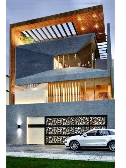 An architectural concept playing with angular forms and materials. The design features a prominent cantilevered volume and a decorative laser-cut gate, showcasing our creative approach to residential elevations.