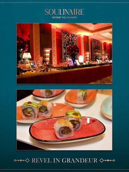 A collage inviting you to revel in grandeur, with images of a lavish red-themed buffet and perfectly rolled sushi.