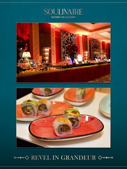 A collage inviting you to revel in grandeur, with images of a lavish red-themed buffet and perfectly rolled sushi.