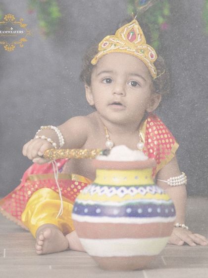 A faded, vintage-style edit of a baby Krishna portrait, showing the artistic effects I can apply to your photos.
