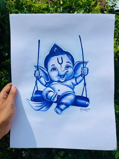 Another shot of the finished Ganpati Bappa pen sketch. The shading is done entirely with a ballpoint pen, which requires a steady hand.