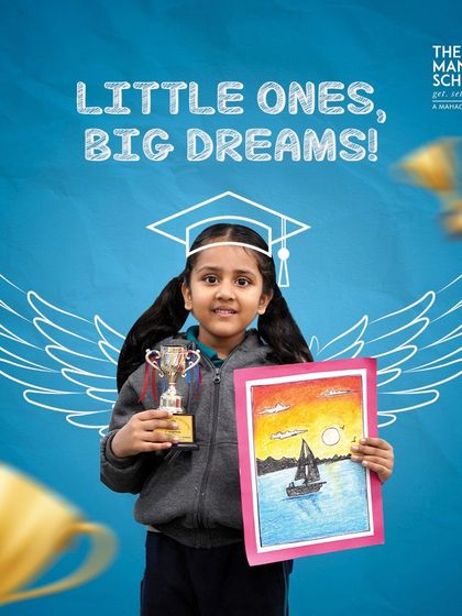 Little ones, big dreams! This young achiever holds her trophy and a beautiful sunset painting, showcasing her artistic talent and success.