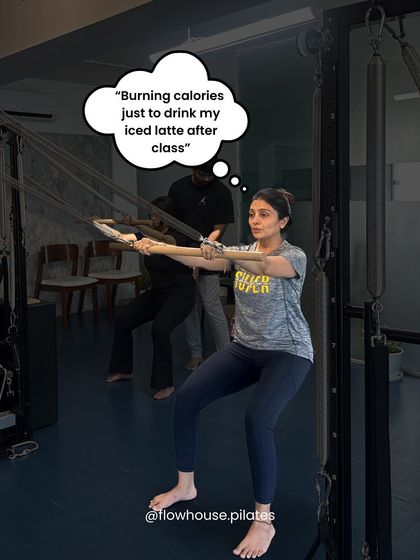 Thought bubble: "Burning calories just to drink my iced latte after class." It's all about balance, right?