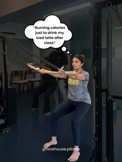 Thought bubble: "Burning calories just to drink my iced latte after class." It's all about balance, right?