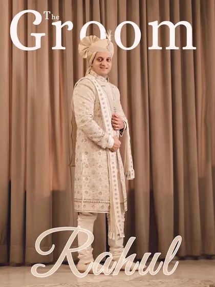 A full-length portrait of the groom, Rahul, looking regal in his traditional wedding attire.