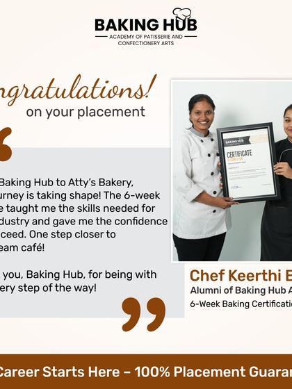 We celebrate the journey of our student, Chef Keerthi, who quit her IT job to follow her passion. After our 6-week course, she secured a placement at Atty's Bakery, taking her one step closer to her dream of opening her own café.