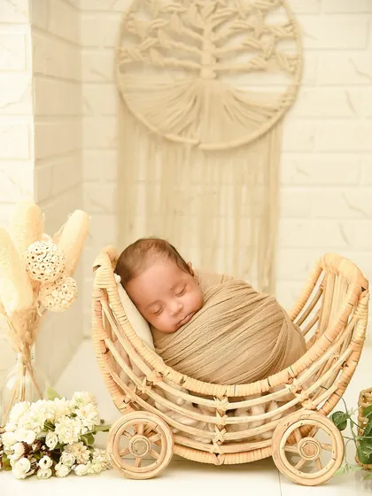 A newborn sleeps soundly in a rustic wicker pram, showcasing a popular boho-themed setup. I use natural textures and earthy tones to create warm, organic, and stylish newborn portraits.