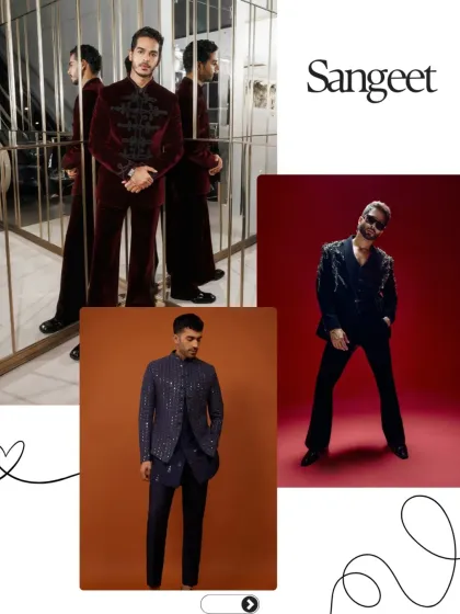 The Sangeet calls for outfits that are stylish yet comfortable enough to dance in. This collection features a rich velvet bandhgala, a sequined Indo-Western suit, and a structured navy blue three piece set perfect for a night of celebration.