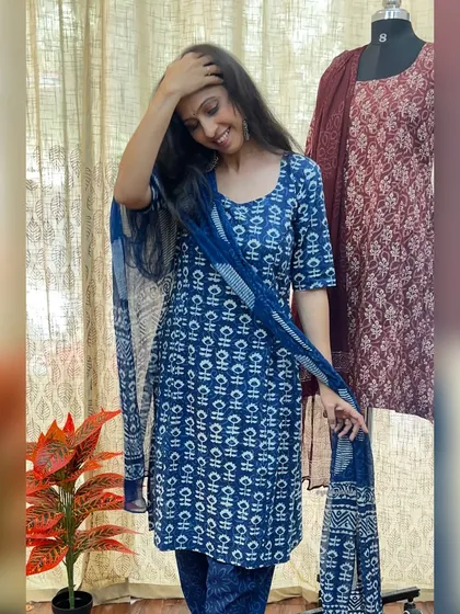 A still from my festive drop, showcasing the deep indigo print of this pure cotton suit set. The coordinated dupatta completes the look perfectly.