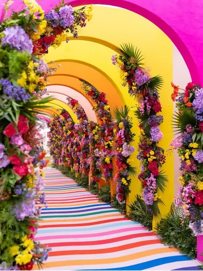 For high-energy events, we use bold colors and creative structures to build an exciting atmosphere. This vibrant floral tunnel is perfect for a company festival or brand activation, guiding guests through a memorable and engaging experience.