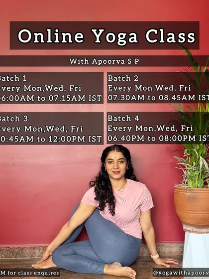 Ready to start your yoga journey from home? I offer multiple batches throughout the day to fit your schedule. Join our community to build a consistent practice with guidance on alignment, breathwork, and using props.