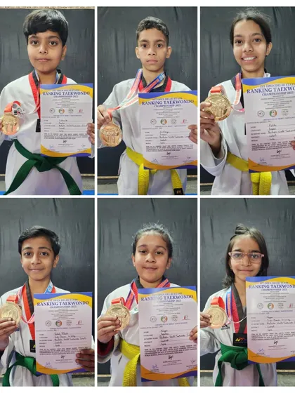 A proud display of gold medal winners from the 1st Open Delhi State Ranking Taekwondo Championship 2025.