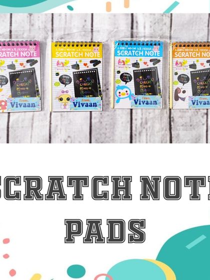 These scratch note pads are a simple but magical gift. Kids can scratch away the black coating to reveal rainbow colors underneath. Each was personalized with a sticker.