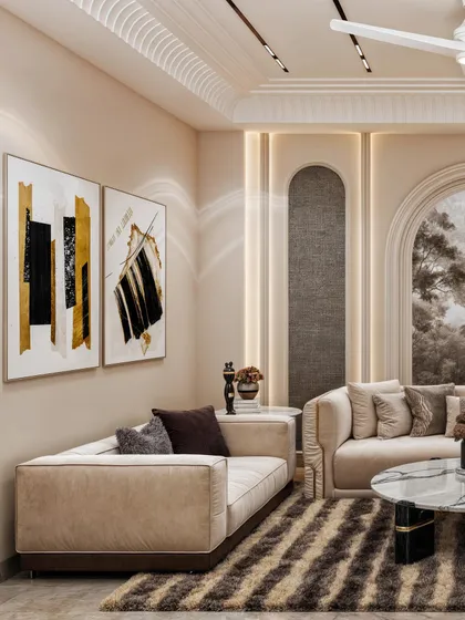 This view highlights the use of abstract art and arched niches with inset textural panels, adding depth and interest to the neutral walls.