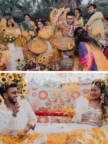 Collages capturing the fun and games of a Haldi ceremony, from the couple's grand entry to the flower shower and dance party.