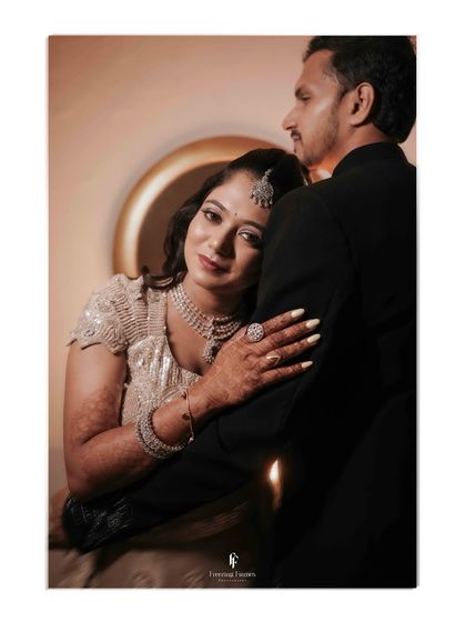 A collage showing the couple in a close embrace, with a mix of color and black and white for an artistic feel.