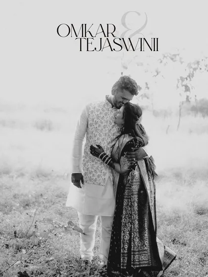 A beautiful black and white portrait with a fine art feel. The couple's embrace in the middle of a field, combined with the elegant text, makes for a stunning and romantic image.