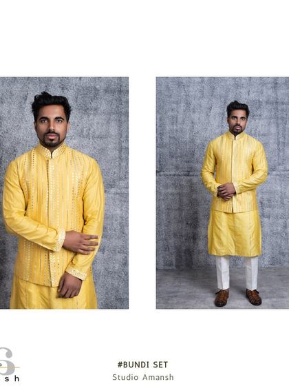 A composite image of the canary yellow bundi set. This view provides a look at the full ensemble as well as a closer portrait, showcasing its suitability for a haldi ceremony.
