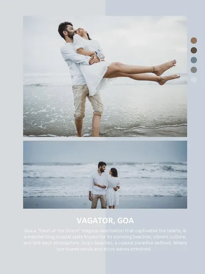 A stylish collage from a Goa beach pre-wedding shoot, showcasing romantic poses and the coastal scenery.