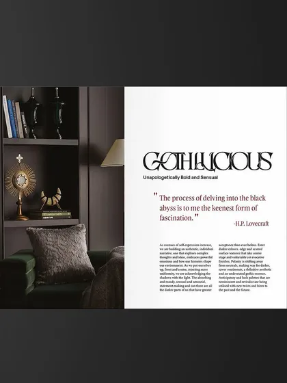 A duplicate of the 'Gothilicious' spread, emphasizing the power of typography and imagery to define a theme. The design choice creates a sense of fascination with the 'black abyss' before delving into the details.