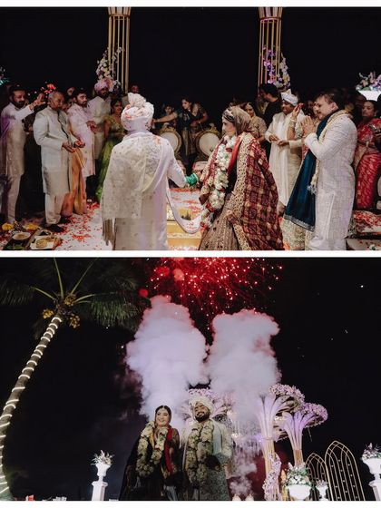 A two-part story of a Goa wedding. The top panel shows the ceremony in progress, surrounded by family, while the bottom panel captures the epic celebration with fireworks, showcasing both the intimate and grand aspects of the day.