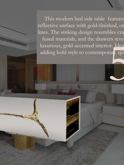 A modern bedside table with a reflective surface and gold-finished organic lines that resemble cracked, fused materials. The drawers reveal a luxurious, gold-accented interior.