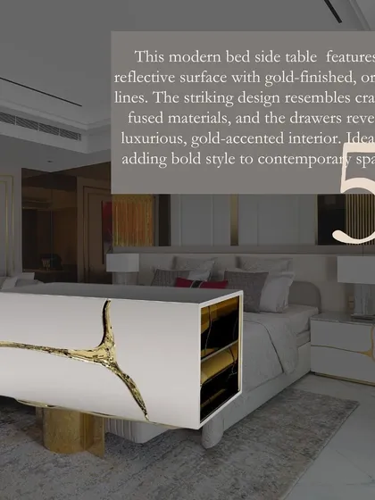 A modern bedside table with a reflective surface and gold-finished organic lines that resemble cracked, fused materials. The drawers reveal a luxurious, gold-accented interior.