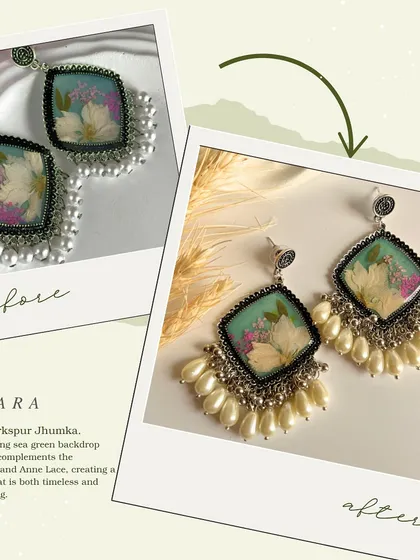 I have given the Amara jhumka a makeover. This white larkspur design now features a more refined diamond shape and lovely pearl ghungroos, enhancing its calming sea green backdrop.