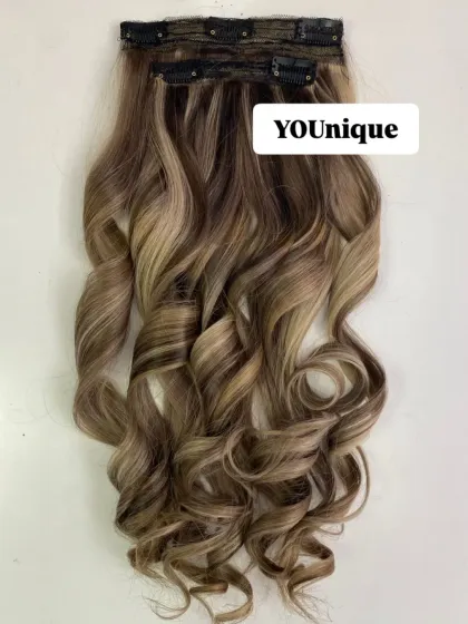 This is a customized set of 4 clip-in extensions with beautiful blonde highlights. I can create custom colors and styles to give you a unique look that perfectly matches your vision.