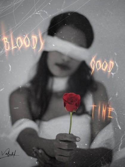 A spooky, conceptual take on the rose theme, perfect for Halloween. The blindfold, blurred focus, and fiery text overlay transform a simple prop into a mysterious and edgy piece of art.